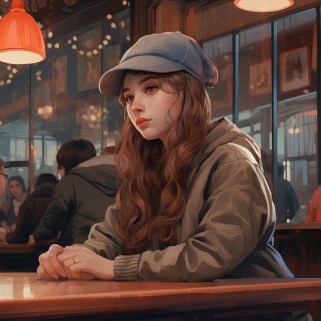 Portrait of a beautiful girl with long curly hair in a cap and coat sitting in a cafe.の素材