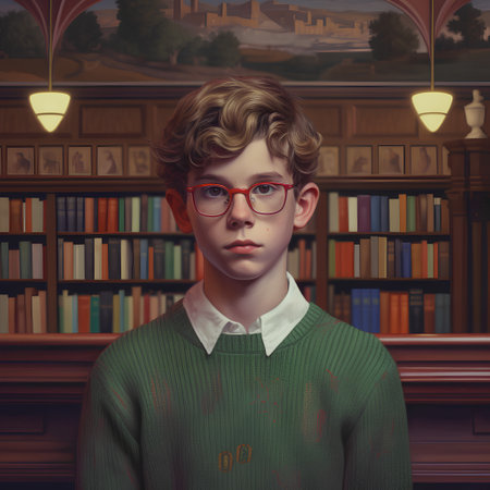 Portrait of a handsome young man with glasses in a library.の素材