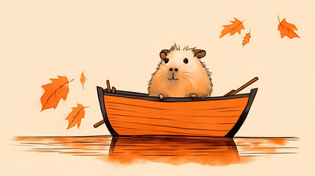 Cute hamster in a boat with autumn leaves. Vector illustration.の素材