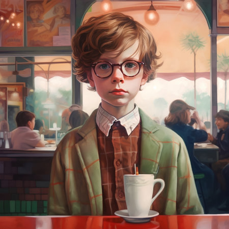 Portrait of a boy in a cafe with a cup of coffeeの素材