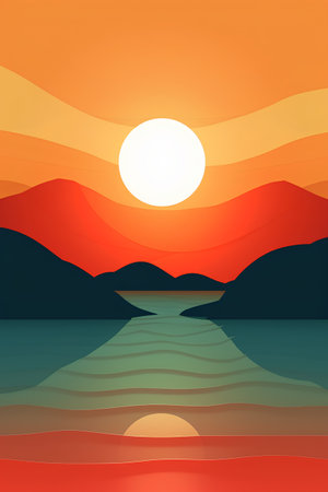 Sunset on the lake. Vector illustration of a beautiful sunset.の素材