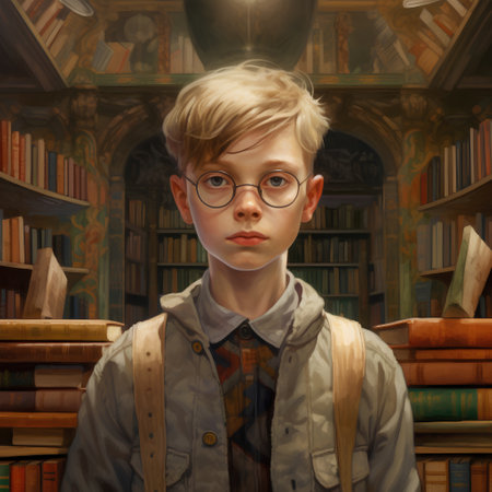 Portrait of a boy in glasses in the library. 3d renderingの素材