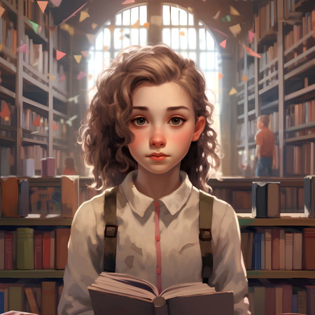 Schoolgirl reading a book in the library, 3d illustration.の素材