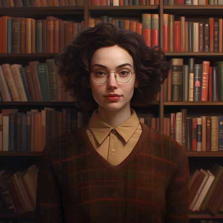 Portrait of a young woman in glasses and a sweater in the libraryの素材
