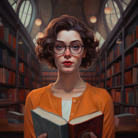 Portrait of a beautiful young woman with glasses and a book in her hands.の素材