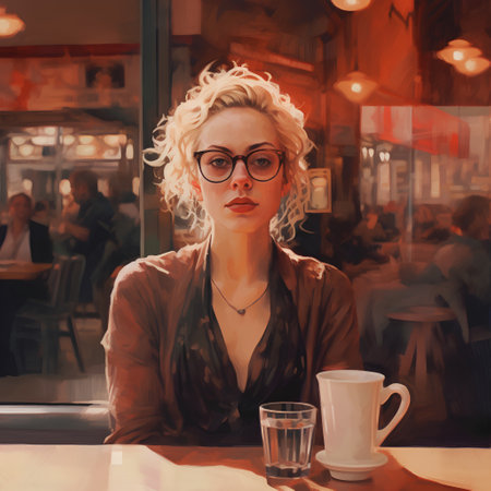 Portrait of a beautiful young woman with blond curly hair and glasses sitting in a cafe.の素材