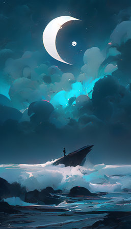 Surreal scene with ship and moon. 3D rendering illustration.の素材