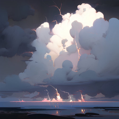 3D illustration of a stormy sky with clouds and lightning.の素材
