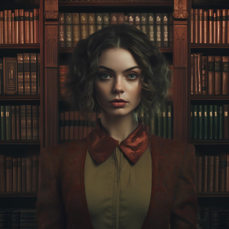 Portrait of a beautiful girl in the library. Retro style.の素材
