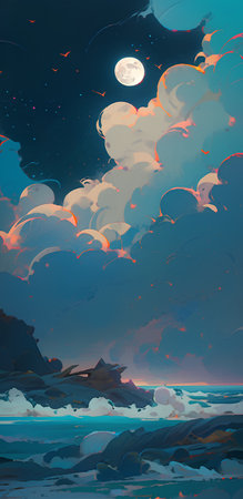 Fantasy landscape with seascape, ocean and clouds. Vector illustrationの素材