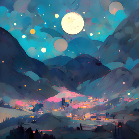 Digital painting of the night city in the mountains. Digital painting.の素材
