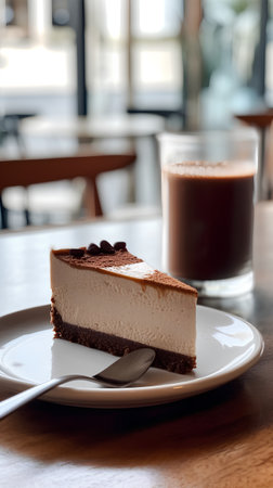 Chocolate cheesecake on a white plate and coffee in a cafeの素材