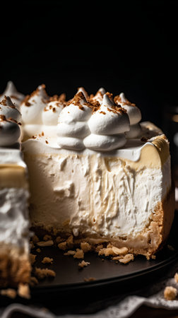 Cheesecake with whipped cream on a dark background. Selective focus.の素材