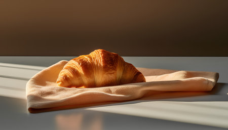 Freshly baked croissant on a table with a linen napkinの素材