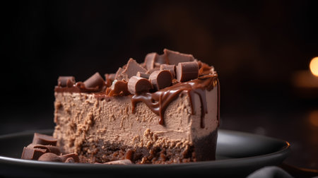 Chocolate cake with chocolate glaze on a dark background. Selective focusの素材