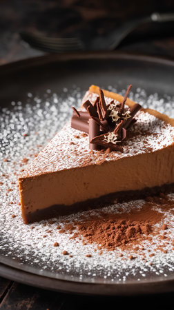 Chocolate cheesecake with cocoa powder and chocolate shavings, selective focusの素材