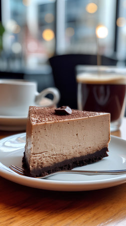 Chocolate cheesecake on a white plate with coffee in the backgroundの素材