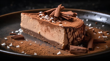 Tiramisu cake with chocolate and cocoa powder on dark backgroundの素材