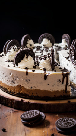 Cheesecake with chocolate and cream on a wooden board. Dark background.の素材