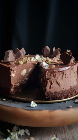 Chocolate cake with flowers on a black background. Selective focus.の素材