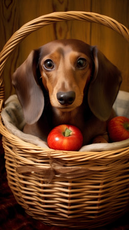 Dachshund puppy in a basket with apples on wooden backgroundの素材