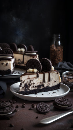 Chocolate cheesecake with chocolate chips and cookies on a dark backgroundの素材