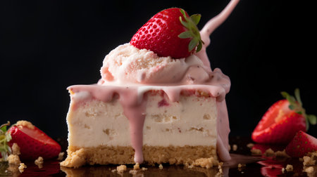 strawberry cheesecake on a black background, close-upの素材