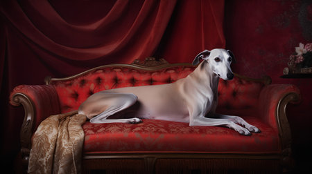 Whippet dog sitting on a red armchair in vintage interiorの素材