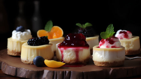 Cheesecakes with berries on a wooden board, selective focusの素材