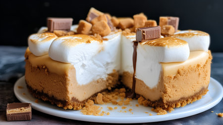 Homemade cake with chocolate and marshmallow on a dark background.の素材