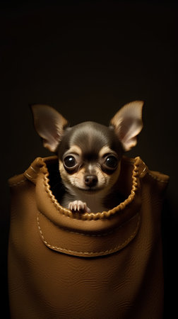 chihuahua puppy in a brown bag on a black backgroundの素材