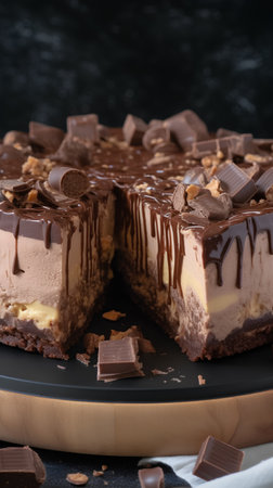 Homemade chocolate cheesecake on dark background. Selective focus.の素材