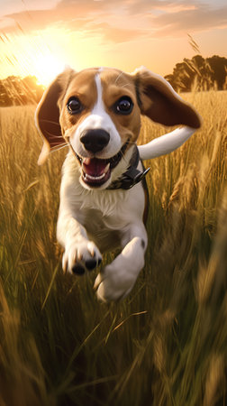 beagle dog running in the field at sunset,3d renderの素材