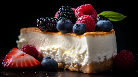Cheesecake with berries on a black background, selective focus.の素材