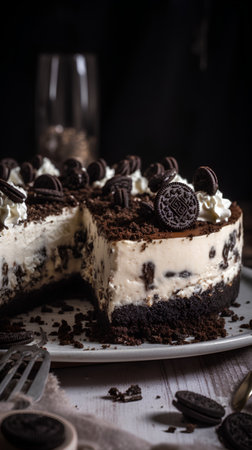 Tiramisu cake with chocolate and whipped cream on a dark backgroundの素材