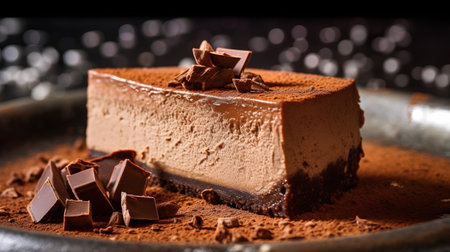 Piece of chocolate cheesecake on dark background. Toned.の素材