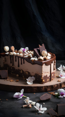 Homemade chocolate cake with nuts and flowers on a black background.の素材
