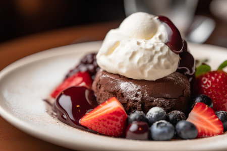Chocolate Souffle with ice cream and fresh berries, selective focusの素材