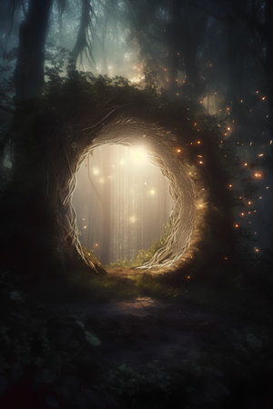 Mystical dark forest with glowing lights. 3D Renderingの素材