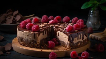 Chocolate cheesecake with raspberries and chocolate shavingsの素材