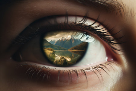Close up of human eye with reflection of mountains and lake in itの素材