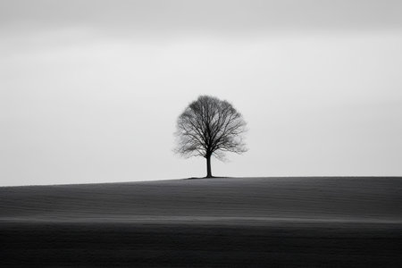 Lonely tree on a hill. Black and white image.の素材