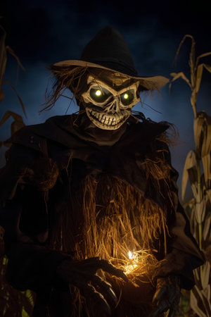 Scarecrow in the corn field at night. Halloween concept.の素材