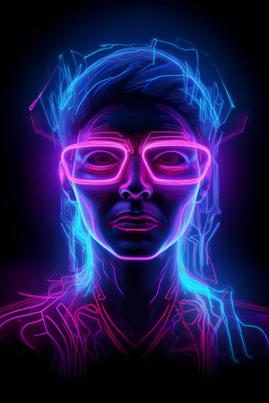 Neon portrait of a woman with glasses. Futuristic style.の素材