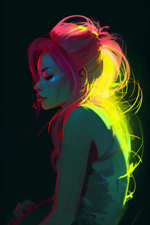 Beautiful girl with colorful hair on dark background. Digital illustration.の素材