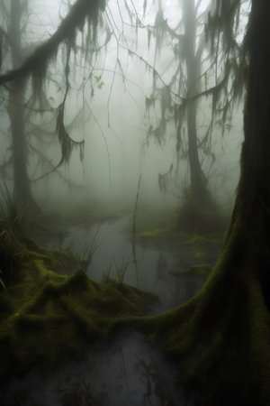 Foggy swamp with trees and moss in the foreground, 3d renderの素材