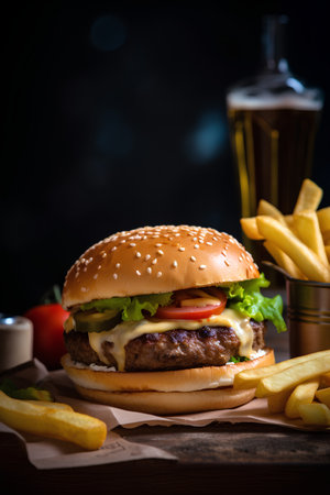 Big cheeseburger with french fries and cola on dark backgroundの素材