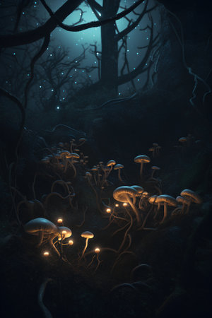 Mushrooms in the forest. 3D render. Fantasy landscape.の素材