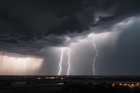 Lightning in the night sky with dark clouds and lightning bolts.の素材