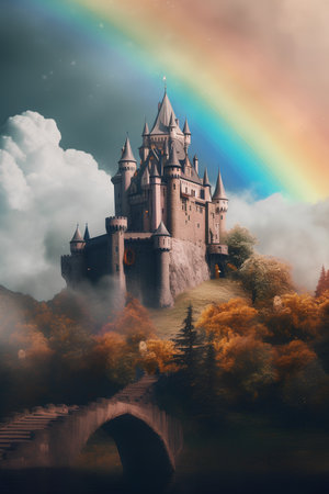 Fantasy landscape with castle and rainbow. 3D illustration. Vintage style.の素材
